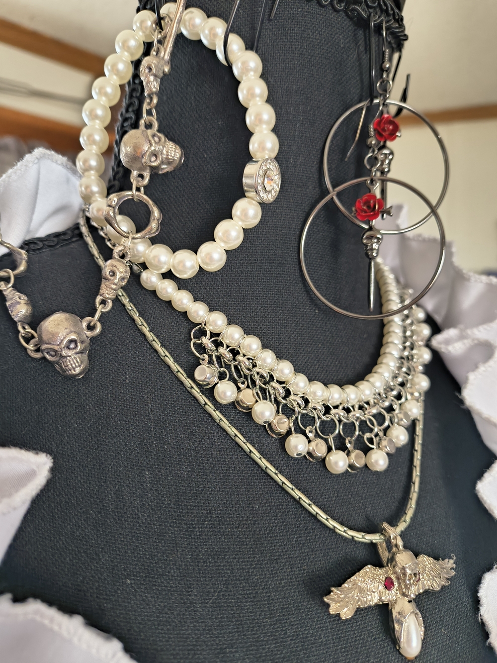 Silver Pearl & Skull Layered Necklace Set - White Pearls ROSE DAGGER Edgy GLAM